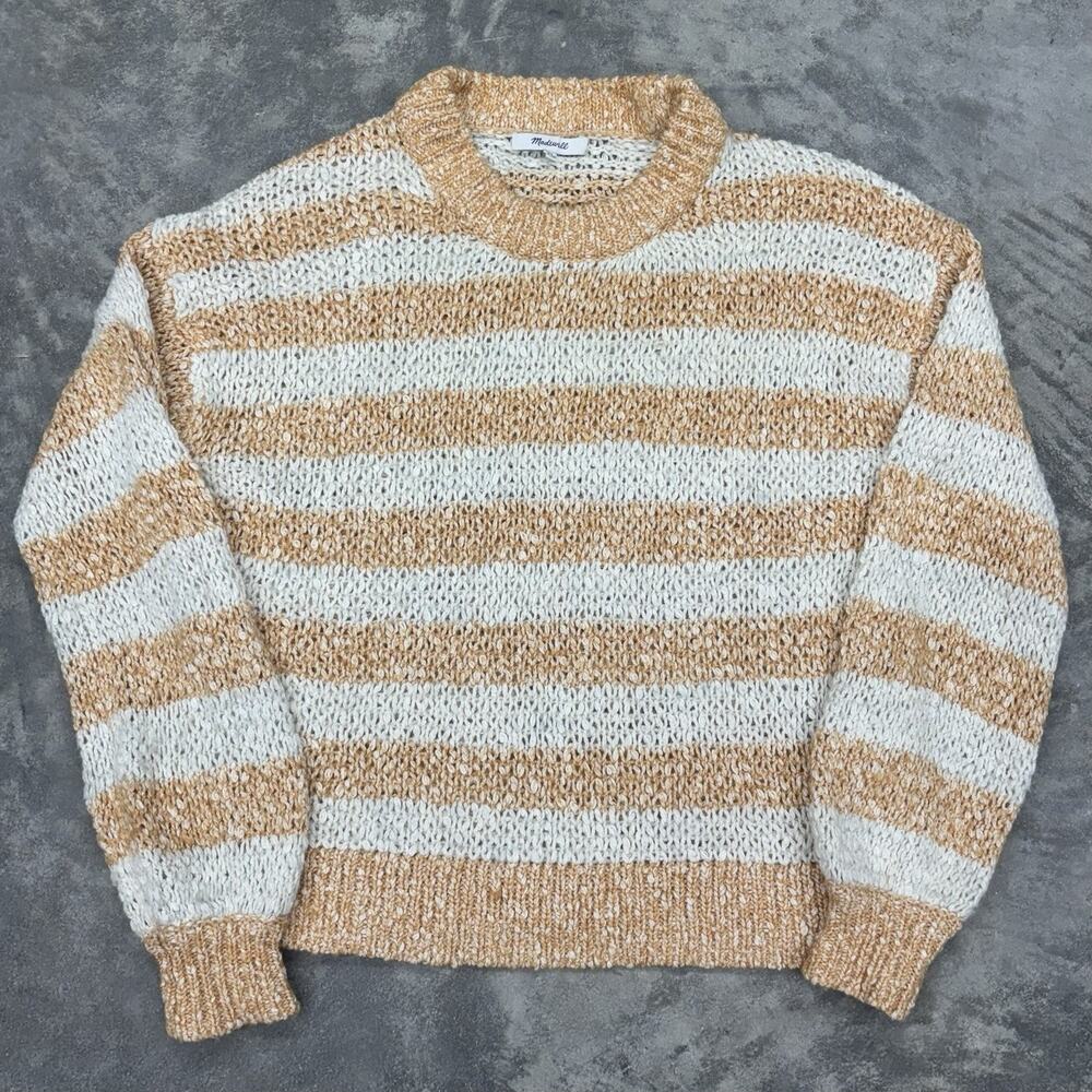 Madewell Baez Pullover Sweater XS Striped Orange Cream Knit Striped Long Sleeve - Picture 4 of 11